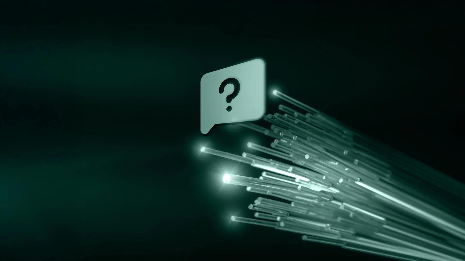 Glasfaser Montabaur FAQ, dunkelgrüne Illustration leuchtender Glasfaser­bündel mit Fragezeichen-Sprechblase, Symbol für Antworten zu Glasfaser, Netzausbau und Hausanschluss.
